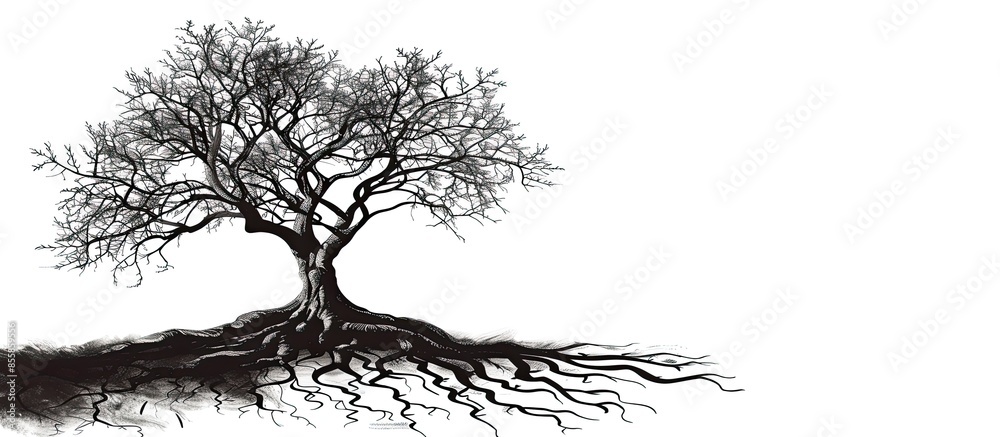 Fototapete Tree with huge roots. Silhouette.. Copy space image. Place for adding text or design