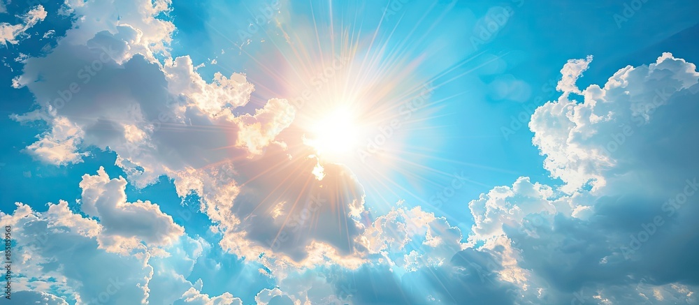 Aufkleber Beautiful blue sky with white clouds and sun. Copy space image. Place for adding text or design