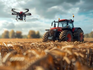 Smart Farming with Drones and Automated Tractors in Agricultural Fields High Tech Agriculture Concept