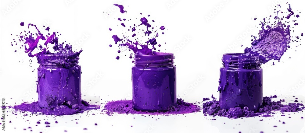 Poster A jar with purple paint in different angles on a white background. with copy space image. Place for adding text or design
