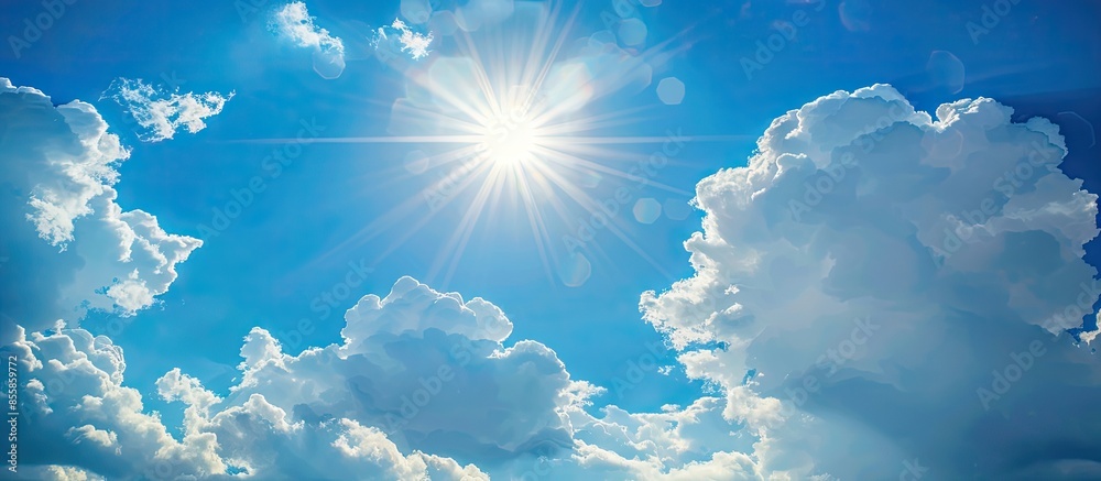 Aufkleber Beautiful blue sky with white clouds and sun. Copy space image. Place for adding text or design