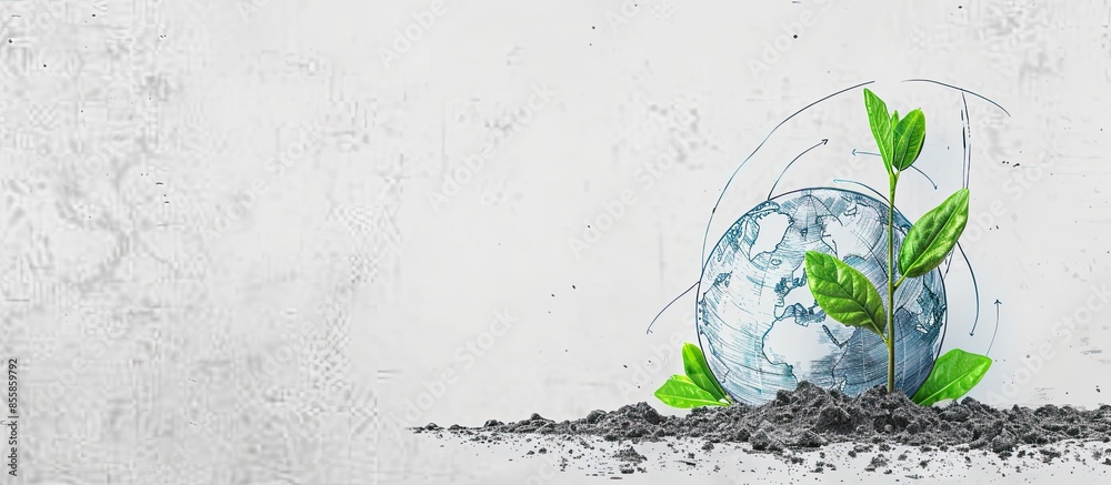 Poster Environmentally friendly planet concept. Sprout with green leaves and a sketch of planet is pulsing..Think Green. Zero waste. Copy space image. Place for adding text or design