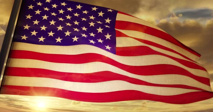 3D Rendering - Flag of USA close up waving smoothly at sunset backlighted on yellow cloudy sky - 4K H264 Seamless loop