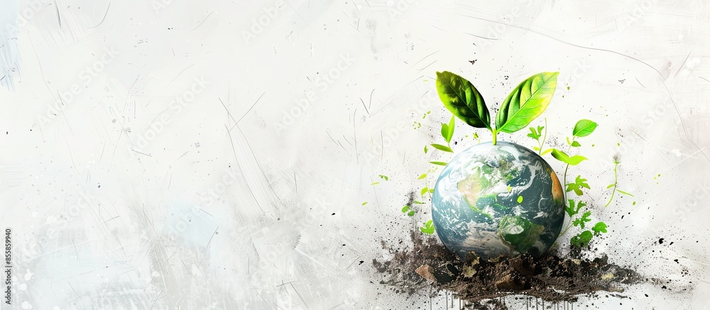 Poster Environmentally friendly planet concept. Sprout with green leaves and a sketch of planet is pulsing..Think Green. Zero waste. Copy space image. Place for adding text or design