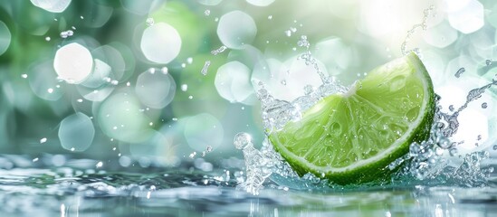 Lime in water with fresh bright green splash pastel background. with copy space image. Place for adding text or design