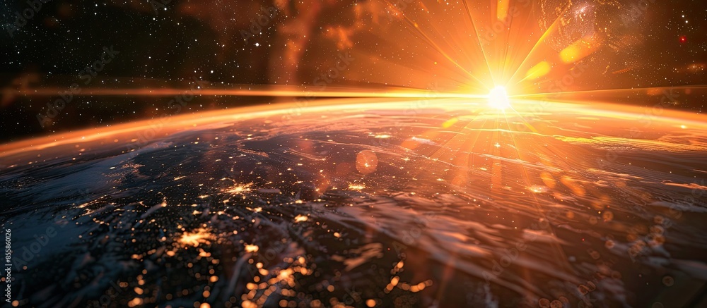Poster dark sky background.space sunrise, good morning world. sunrise with rays and lens flare. with copy s