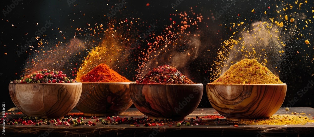 Poster Colorful spices and peppers in wooden bowls flying over the table on black background. Spices and seasonings powder splash. Freeze motion photo. Copy space image. Place for adding text or design