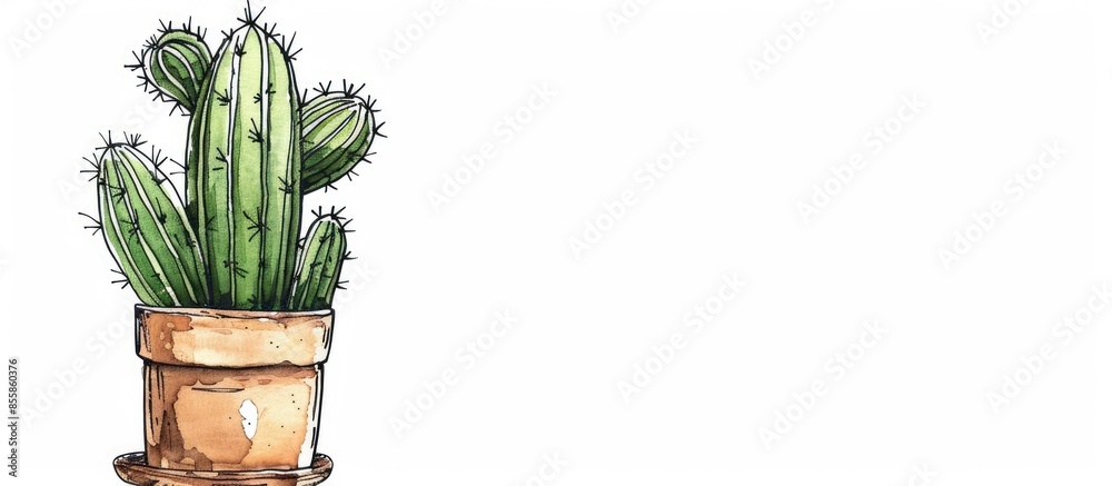 Poster Cactus in a doodle pot isolated on a white background. with copy space image. Place for adding text or design