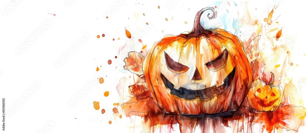 Poster halloween face pumpkin water color. copy space image. place for adding text or design