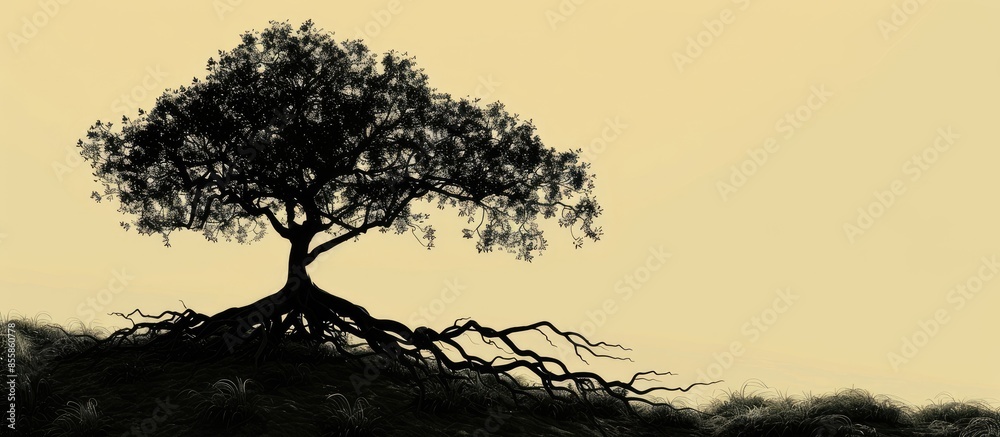 Poster Tree with huge roots. Silhouette.. Copy space image. Place for adding text or design