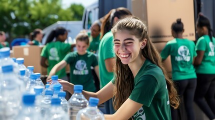 Teenage girl helping at community event diverse people unloading water bottles from truck, charity volunteer work
