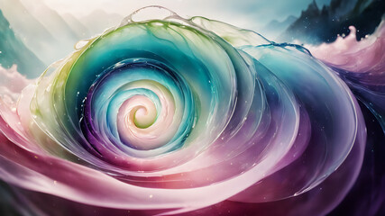 A delicate and artistic swirl created with watercolor effects. The colors should blend softly into one another, with pastel shades of pink, blue, purple, and green. This design would have a dreamy and