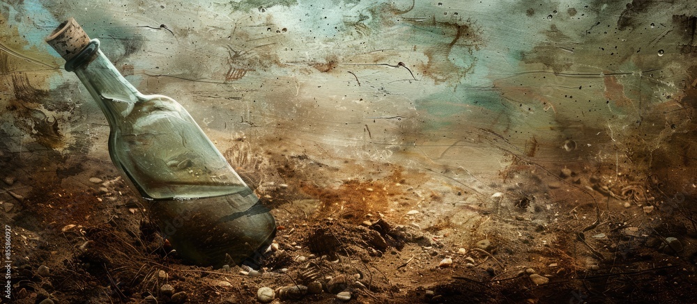 Poster the bottle is buried in the ground pastel background. with copy space image. Place for adding text or design