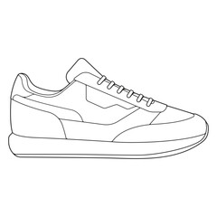 Black and white contour vector illustration of shoes. sneakers, unisex, outline sneakers. vector line.