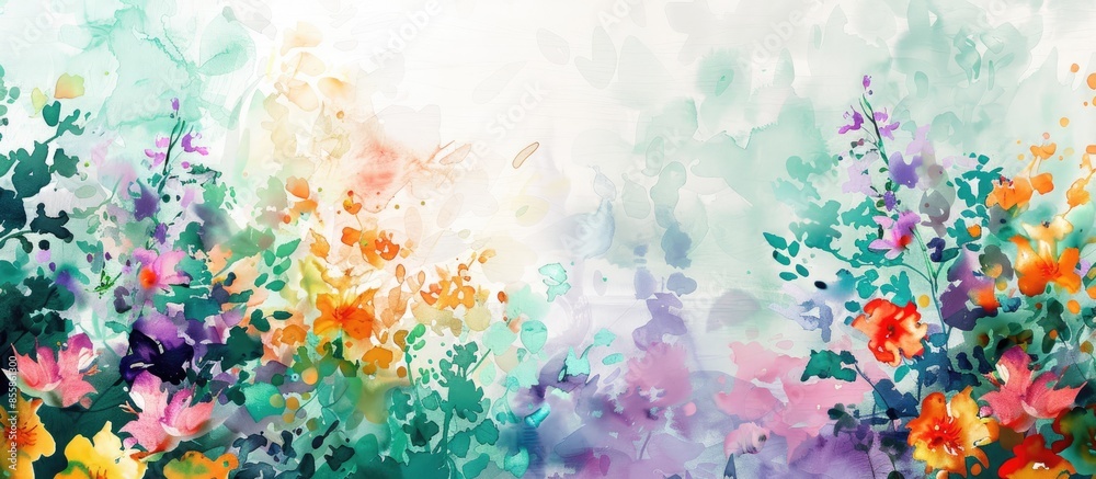 Poster colorful flowers background, watercolor digital print. with copy space image. place for adding text 