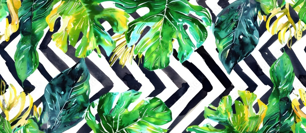 Poster Abstract Watercolor Tropical Monstera Leaf Repeating Pattern with Zigzag Striped Background . with copy space image. Place for adding text or design