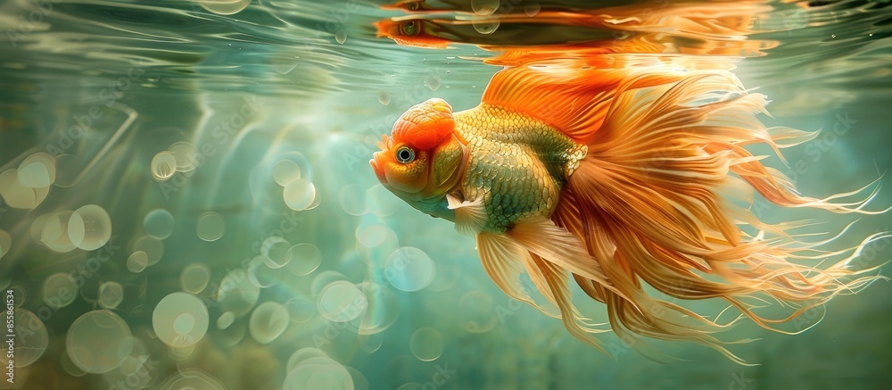 Aufkleber single goldfish, a lion head, in the tank. with copy space image. place for adding text or design