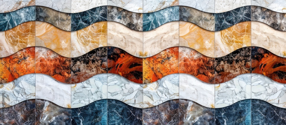 Poster Colorful wave marble wall and floor decorative tiles design pattern texture background,. with copy space image. Place for adding text or design