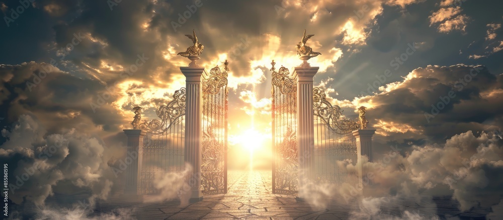 Aufkleber A depiction of the pearly gates of heaven open with the bright side of heaven contrasting with the duller foreground. Copy space image. Place for adding text or design
