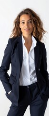 Confident young businesswoman posing in formal attire, white shirt and navy suit, hands in pockets, studio background.