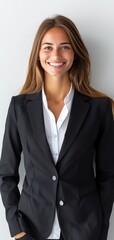Confident young professional woman in business attire smiling against a plain background, representing success and career growth.