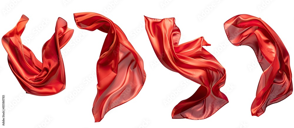 Poster collection of flying red silk fabric. waving satin cloth isolated on white background. copy space im