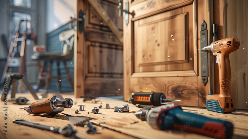 Poster Close-up of a woodworking project in progress, showing a craftsman installing a new door with precision tools, highlighting the craftsmanship and care involved. Generative AI