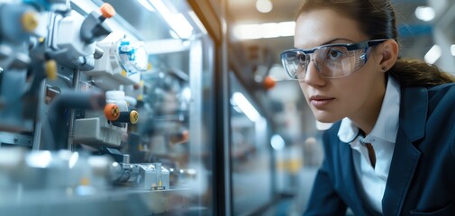 Female engineer wearing protective eyewear inspects machinery in an industrial setting, demonstrating focus and expertise in the field.