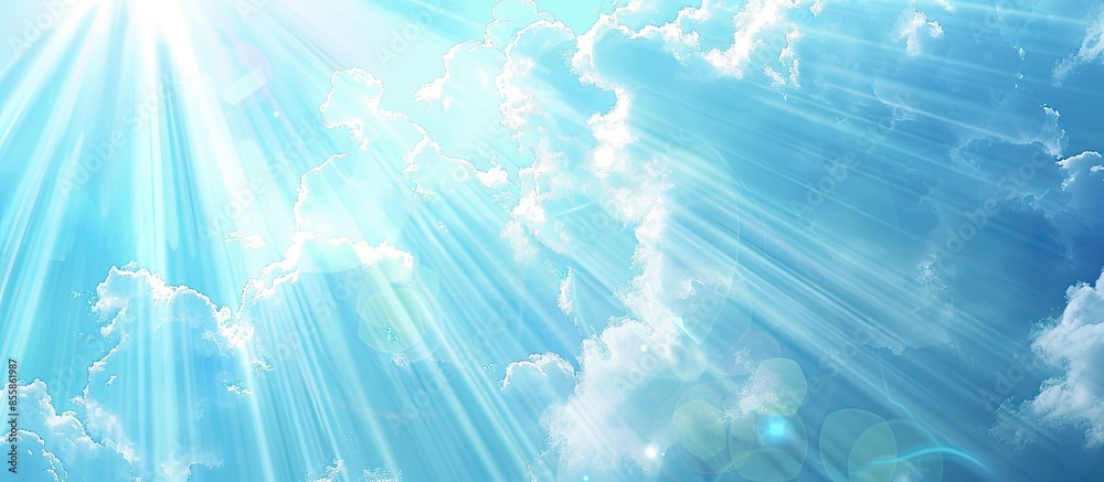 Poster Heavenly blue sky with bright sunshine and light beams. with copy space image. Place for adding text or design