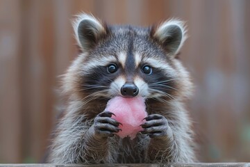 Obraz premium A playful raccoon holding a piece of pink cotton candy, sitting on a wooden fence. The raccoon looks excited and happy 