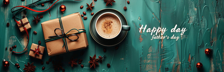 Green background with coffee cup, gift box and glasses on it. "Happy father's day" inscription in the photo., top view, copy space concept for international Father Day holiday banner design.