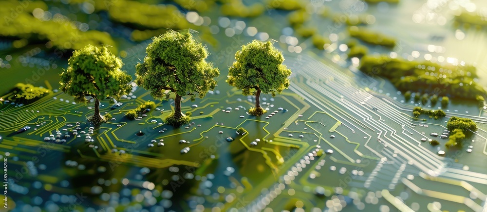 Aufkleber trees are growing on circuit board technology innovations. digital convergence and technology conver