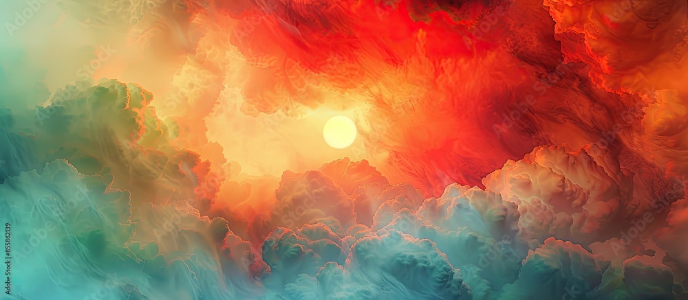 Poster Abstract. Fog and clouds looking up into a fantasy multicolored sky. The bright red sun illuminates the whole picture. Copy space image. Place for adding text or design