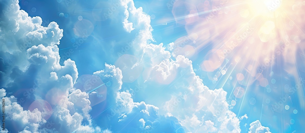 Poster heavenly blue sky with bright sunshine and light beams. with copy space image. place for adding text