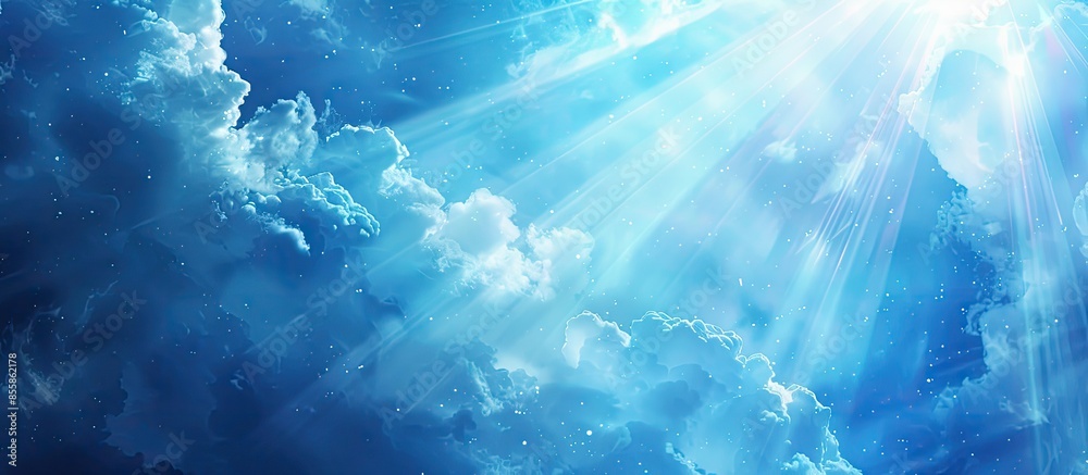 Poster heavenly blue sky with bright sunshine and light beams. with copy space image. place for adding text