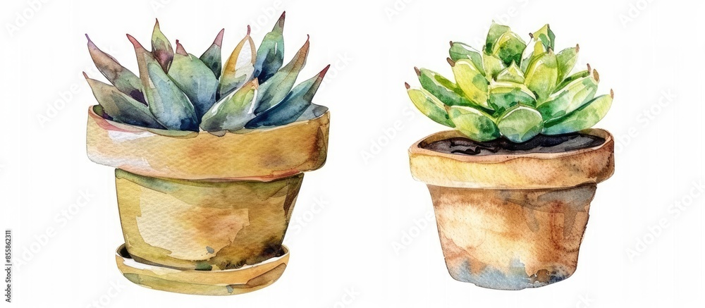 Poster watercolor succulent houseplant cactus with thorns in flower pot closeup isolated on white backgroun