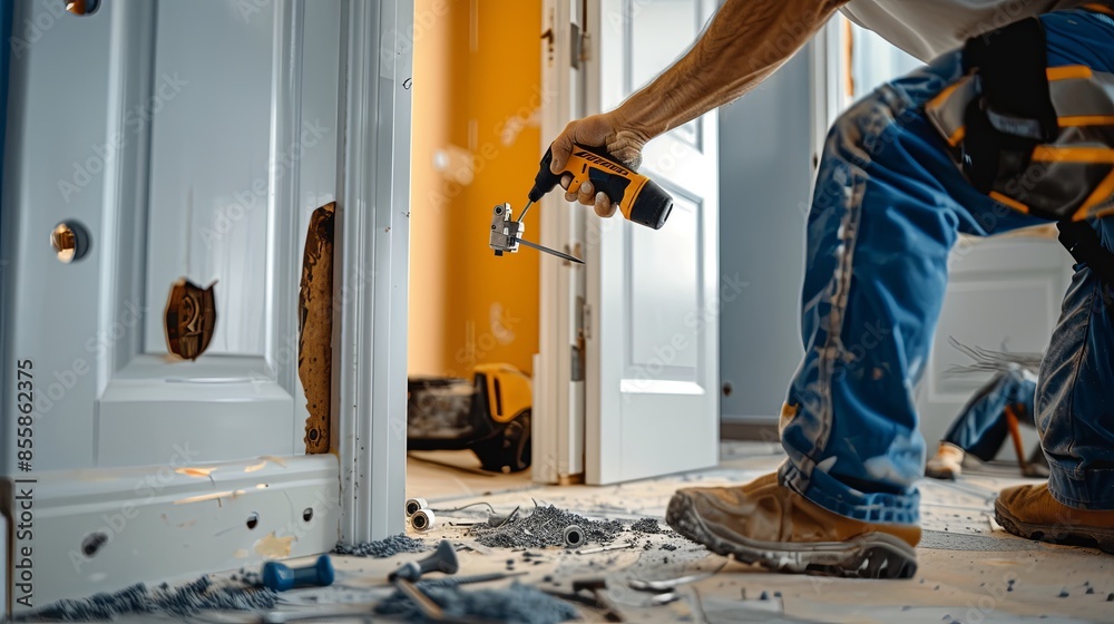 Aufkleber a construction worker installs a new door, utilizing a drill and screws. tools and debris are scatte