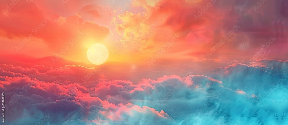 Poster Abstract. Fog and clouds looking up into a fantasy multicolored sky. The bright red sun illuminates the whole picture. Copy space image. Place for adding text or design