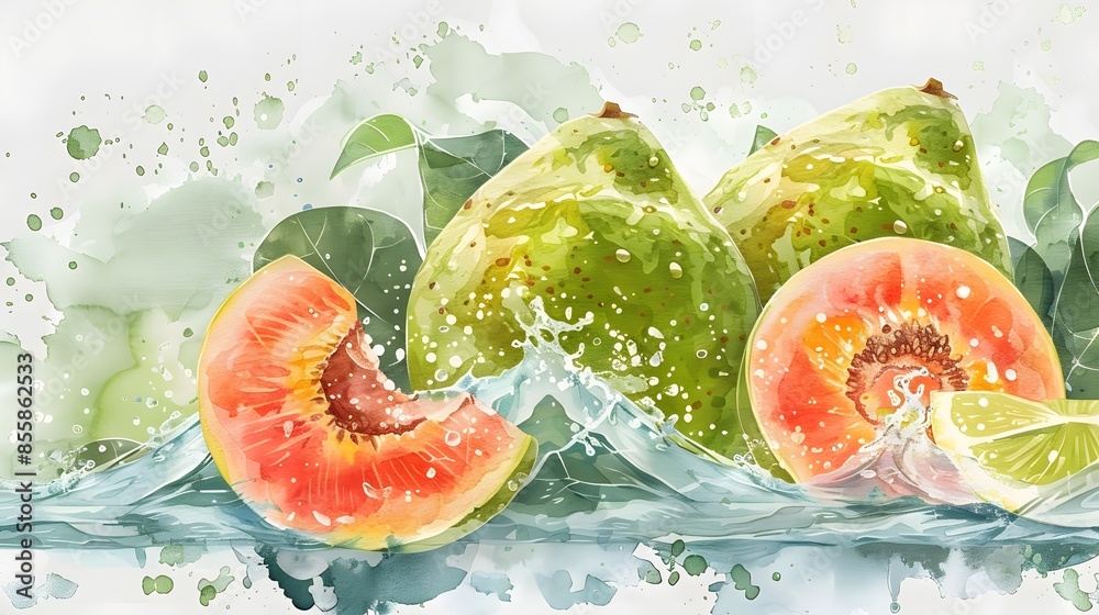 Wall mural Fresh guava fruits on a wave of juice, watercolor hand drawn illustration.  - Wall murals