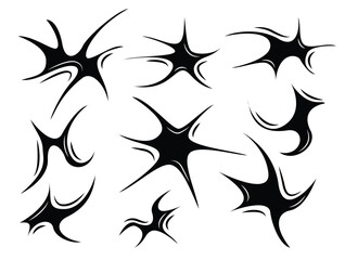 Vector set of comic book elements of different shapes. Black symbols, stars, cobwebs isolated on a white background.