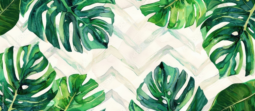 Poster Abstract Watercolor Tropical Monstera Leaf Repeating Pattern with Zigzag Striped Background . with copy space image. Place for adding text or design
