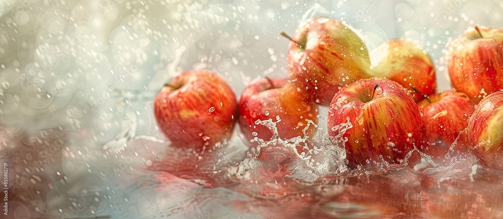 Poster apples with stopped motion water pastel background  Abstract. with copy space image. Place for adding text or design