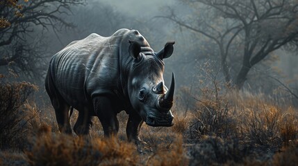 Obraz premium A photograph captures a rhinoceros in its natural habitat, showcasing wildlife photography and the majestic presence of the animal.