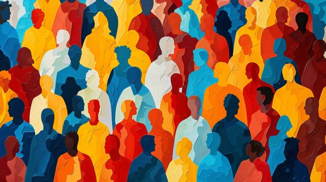 Vibrant mosaic crowd of people, global unity celebrating humanity's diverse spectrum, paper cut out style