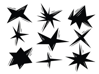Vector set of stars and polygons of different shapes and sizes. Black symbols on a white background. Design elements