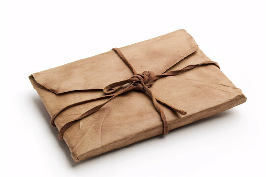 A parcel wrapped in brown paper and tied with string on a white background