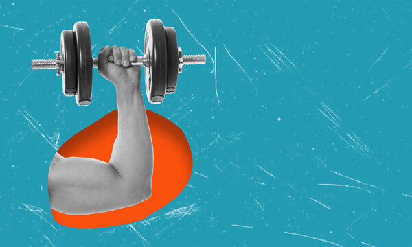 Contemporary art collage depicting a hand with dumbbells. Sports equipment.