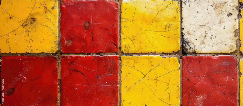 Aufkleber yellow and red tile texture or background, tile floor, wall for kitchen, bathroom etc. with copy spa