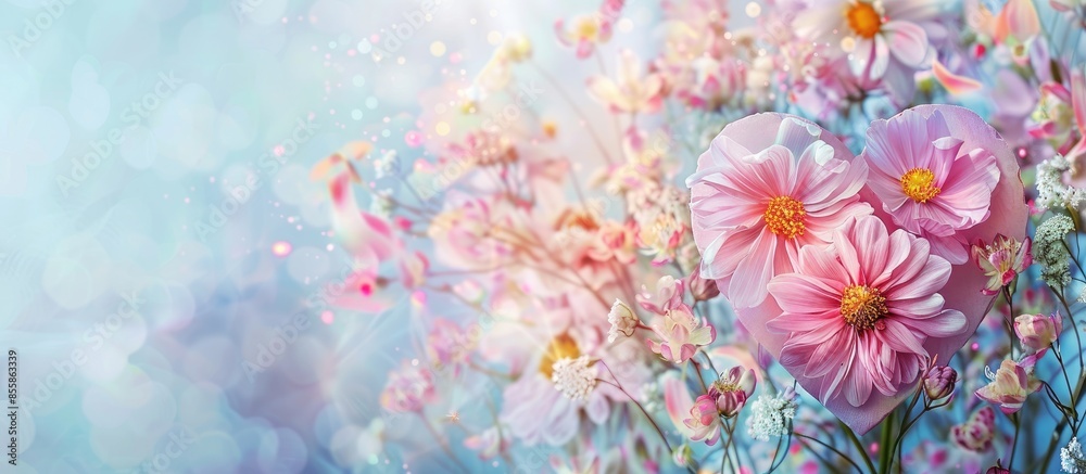 Poster bouquet colorful cosmos flowers and heart . holiday card. pastel background. with copy space image. 