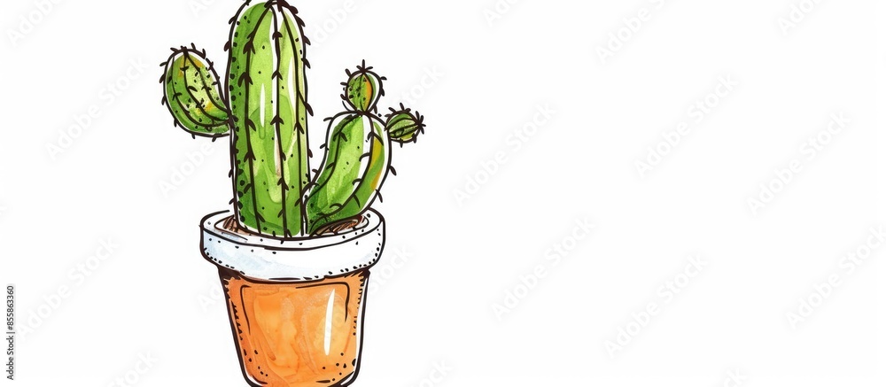 Poster Cactus in a doodle pot isolated on a white background. with copy space image. Place for adding text or design